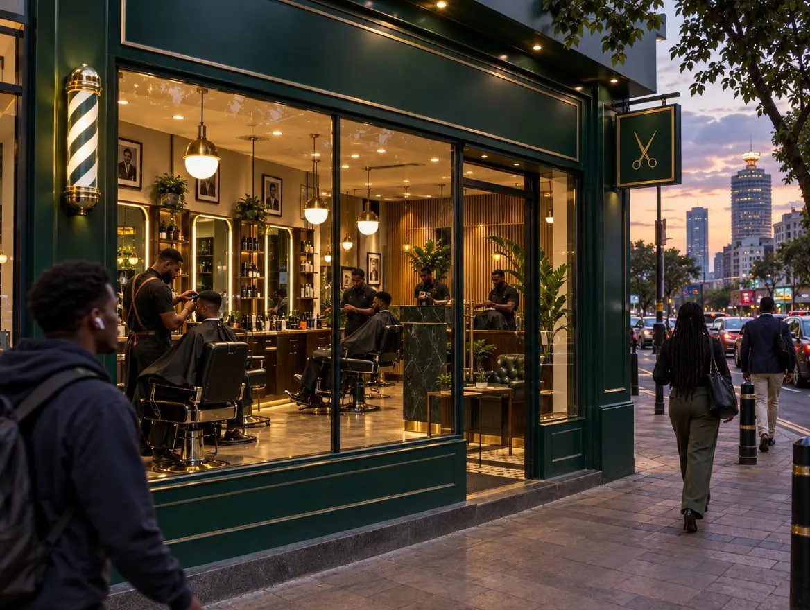 The front of a modern barbershop on a Nairobi street at dusk